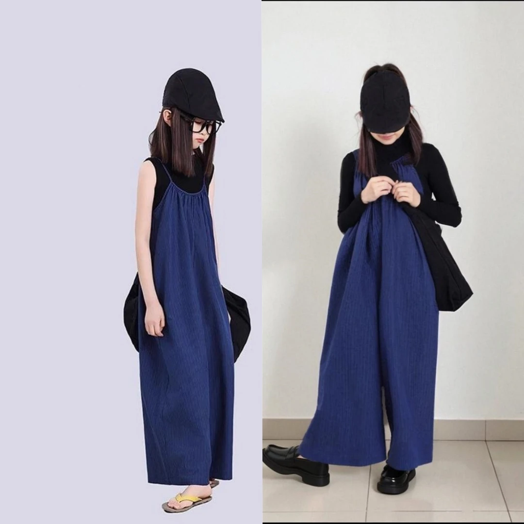 女童套装夏款2025新款4-12岁15岁中大童高级感宽松背带阔腿裤洋气