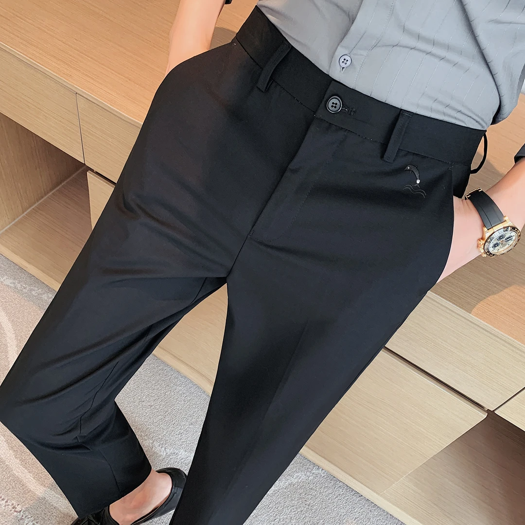 秋季轻奢刺绣修身九分西裤男士黑色百搭小脚商务休闲裤男生西装裤
