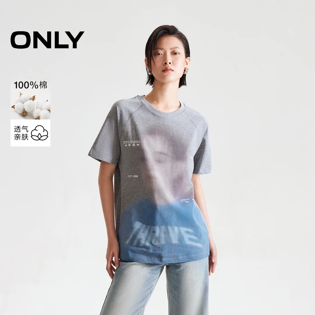 ONLY2025春季新款时尚慵懒宽松插肩圆领纯棉印花T恤女|125101003