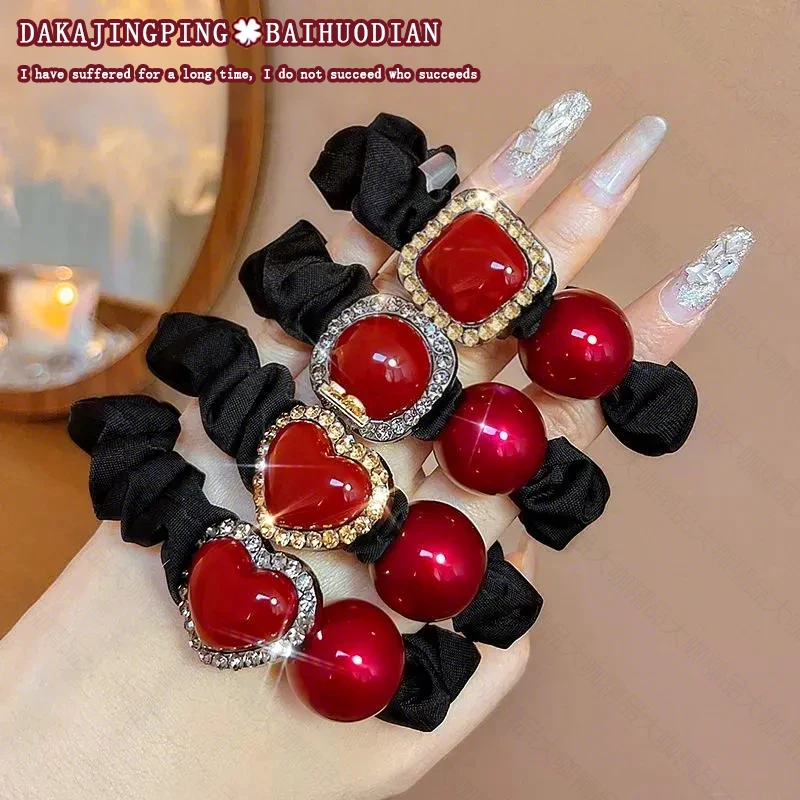 韩版高档红色爱心小肠发圈女网红扎丸子头马尾发绳2024新款头饰