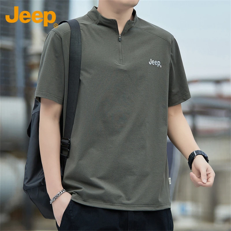 Jeep吉普男士短袖T恤夏季新款薄款透气纯色半拉链宽松上衣休闲男