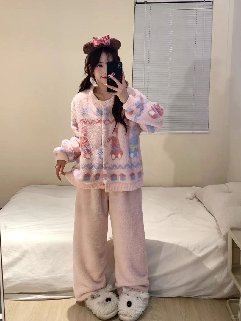 可爱秋冬新甜美卡通针织半边绒睡衣女款加厚保暖家居服套装可外穿