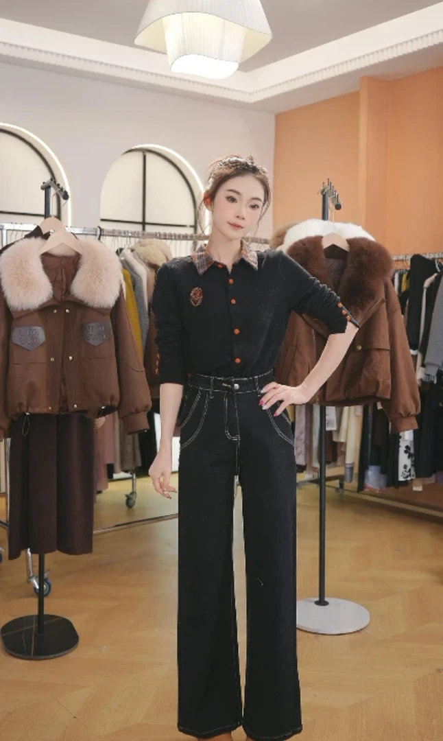 F3090翻领长袖上衣秋冬季新款装宽松显瘦打底衬衫