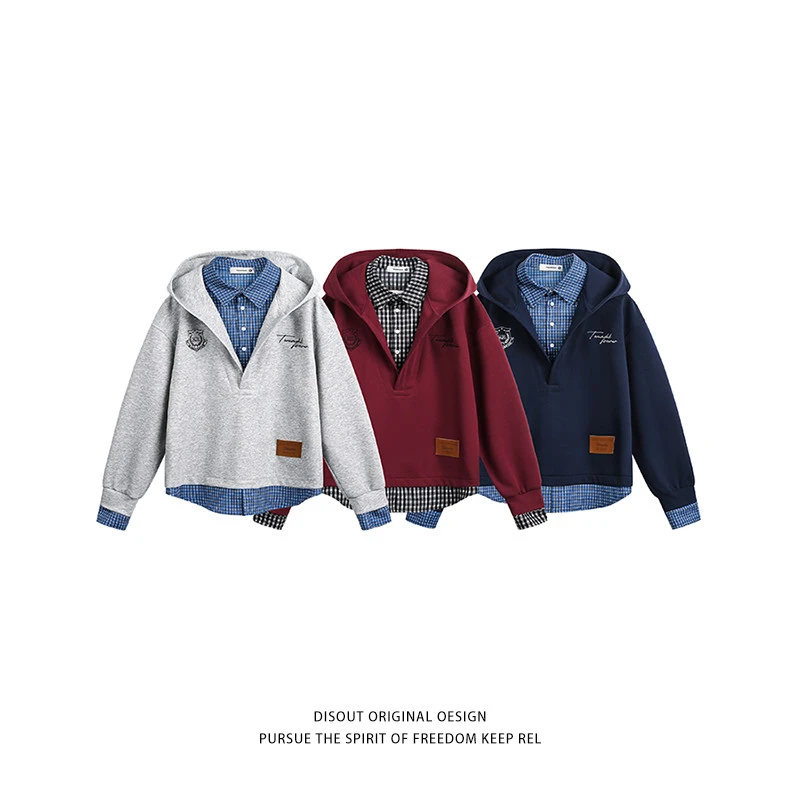 新款春秋冬季小众假两件卫衣男女衬衣领休闲运动日系潮牌百搭上衣