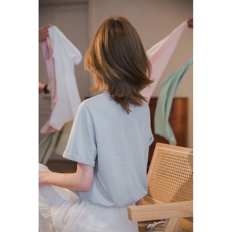 小谷粒索罗娜针织面料 自带凉感 宽领条圆领 马卡龙多色