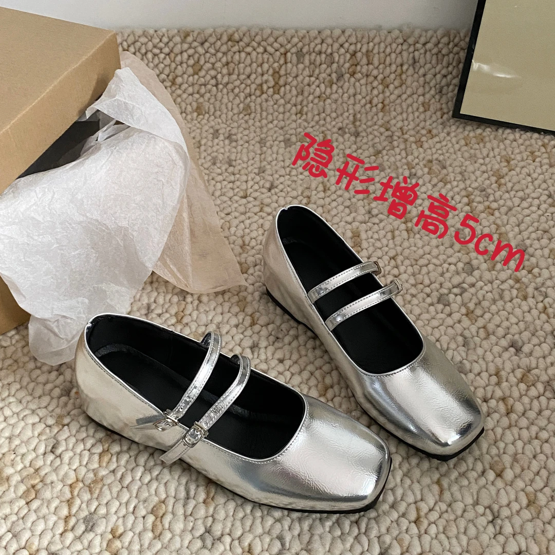 小个子内增高5cm玛丽珍单鞋女2024春款法式晚风银色奶奶鞋豆