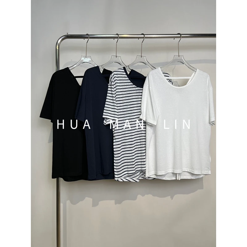 【花满林】四色圆领后面V领设计捏褶短袖上衣33516