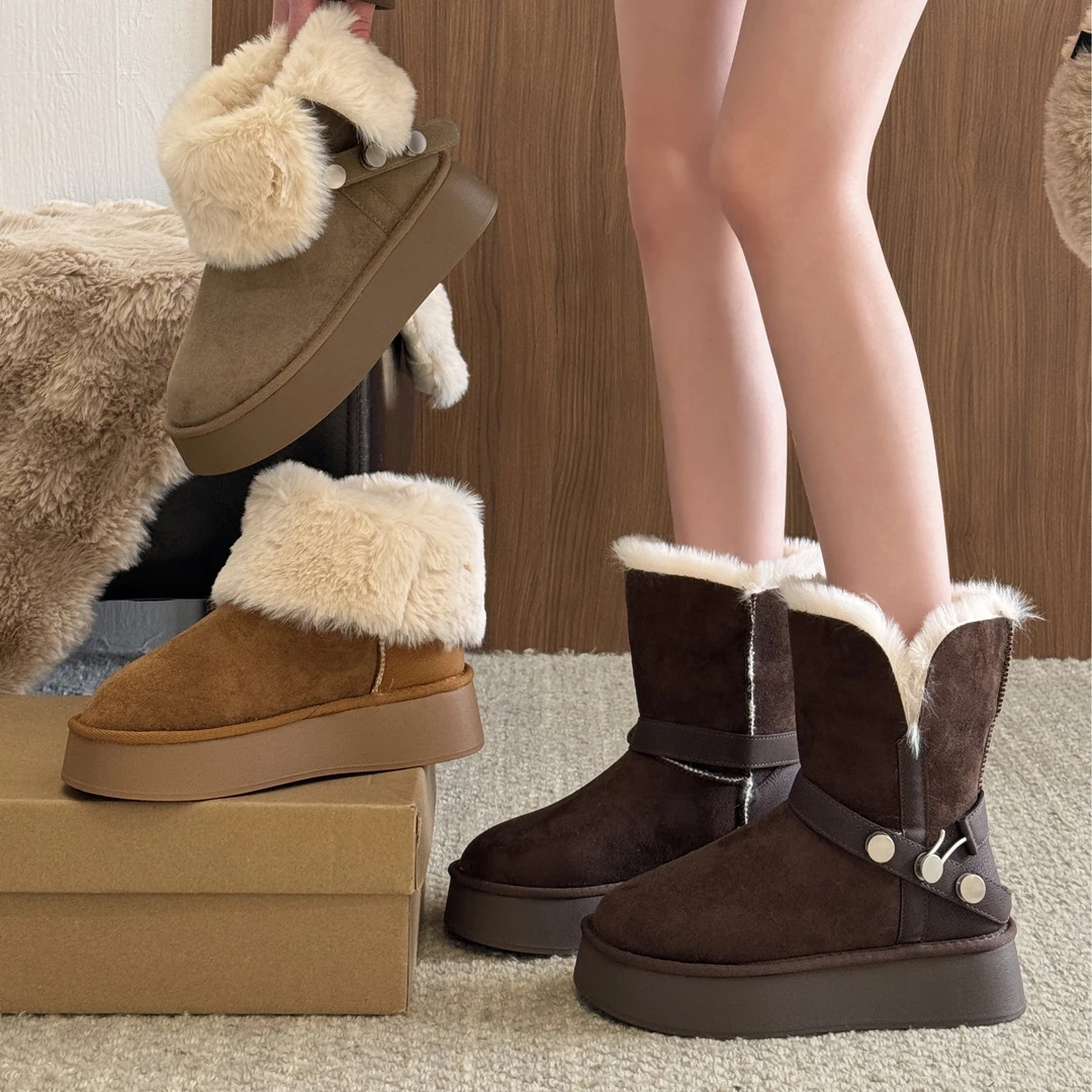 贾不假雪地靴女款2025新款秋冬复古厚底加绒保暖短靴两穿东北棉鞋