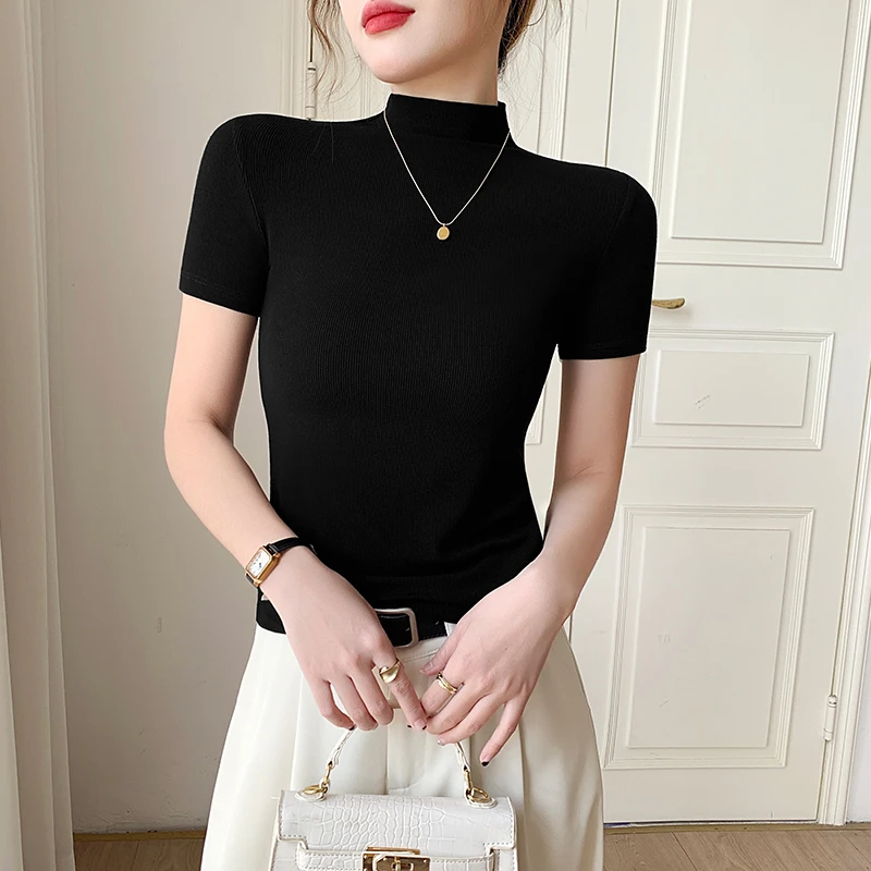 黑色半高领短袖T恤女春夏季2025新款针织气质百搭修身打底上衣