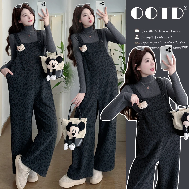 时尚孕妇冬新款豹纹可拆萌小猫加绒背带裤洋气可爱+针织上衣套装