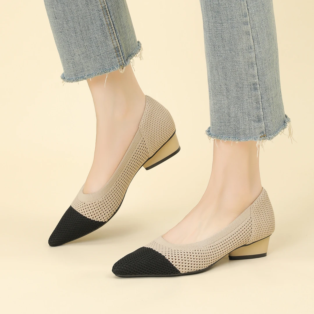 镂空新款王妃鞋尖头浅口透气飞织鞋不累脚小香风百搭粗跟工作鞋女