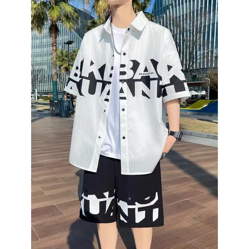 2025夏季短袖衬衫套装男士潮流帅气一整套穿搭男装夏日两件套衣服