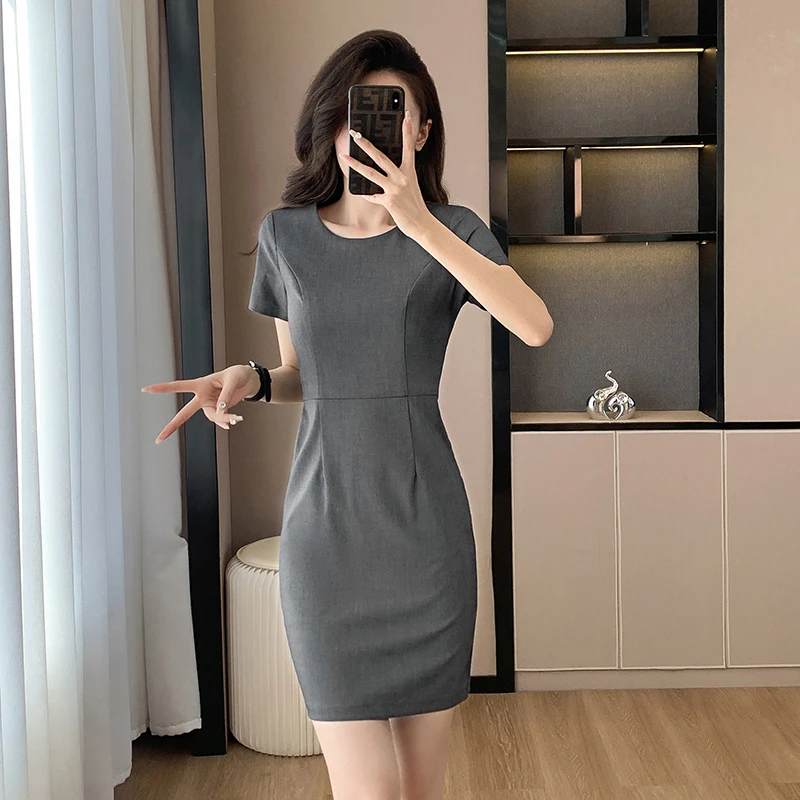 灰色连衣裙女2025新款夏季短袖职业工装裙子珠宝店金店正装工作服