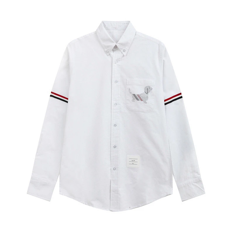 潮物空仓 烫钻小狗纯色条纹衬衫/男女同款