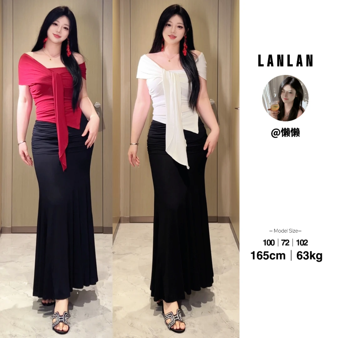 Lanlan现货【氛围陷阱】纯欲一字肩设计感上衣修身显瘦黑色半身裙