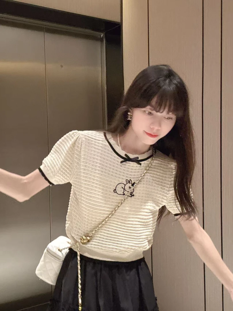 【小兔短袖】短款针织夏女显瘦小香风独特别致小个子设计感上衣夏