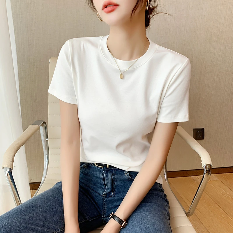 白色正肩修身打底衫短袖t恤女夏季新款显瘦短款圆领百搭半袖上衣