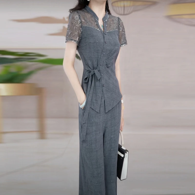 冰丝皱时尚直筒裤套装女2025夏季新款气质高级感灰色轻职风两件套