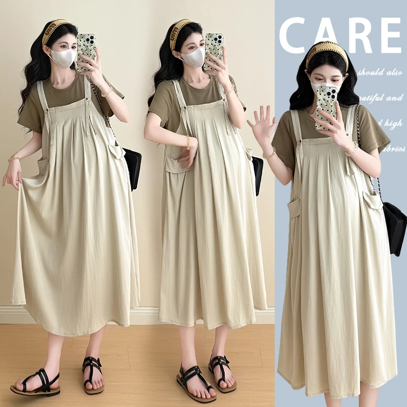 孕妇夏装2025韩版时尚假两件宽松休闲遮肉显瘦慵懒风孕妇连衣裙子
