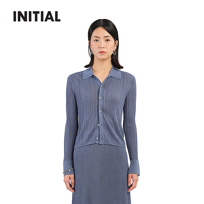 INITIAL25春季新款金属纱线坑纹翻领毛衣针织开衫女25SYTFLMXX079