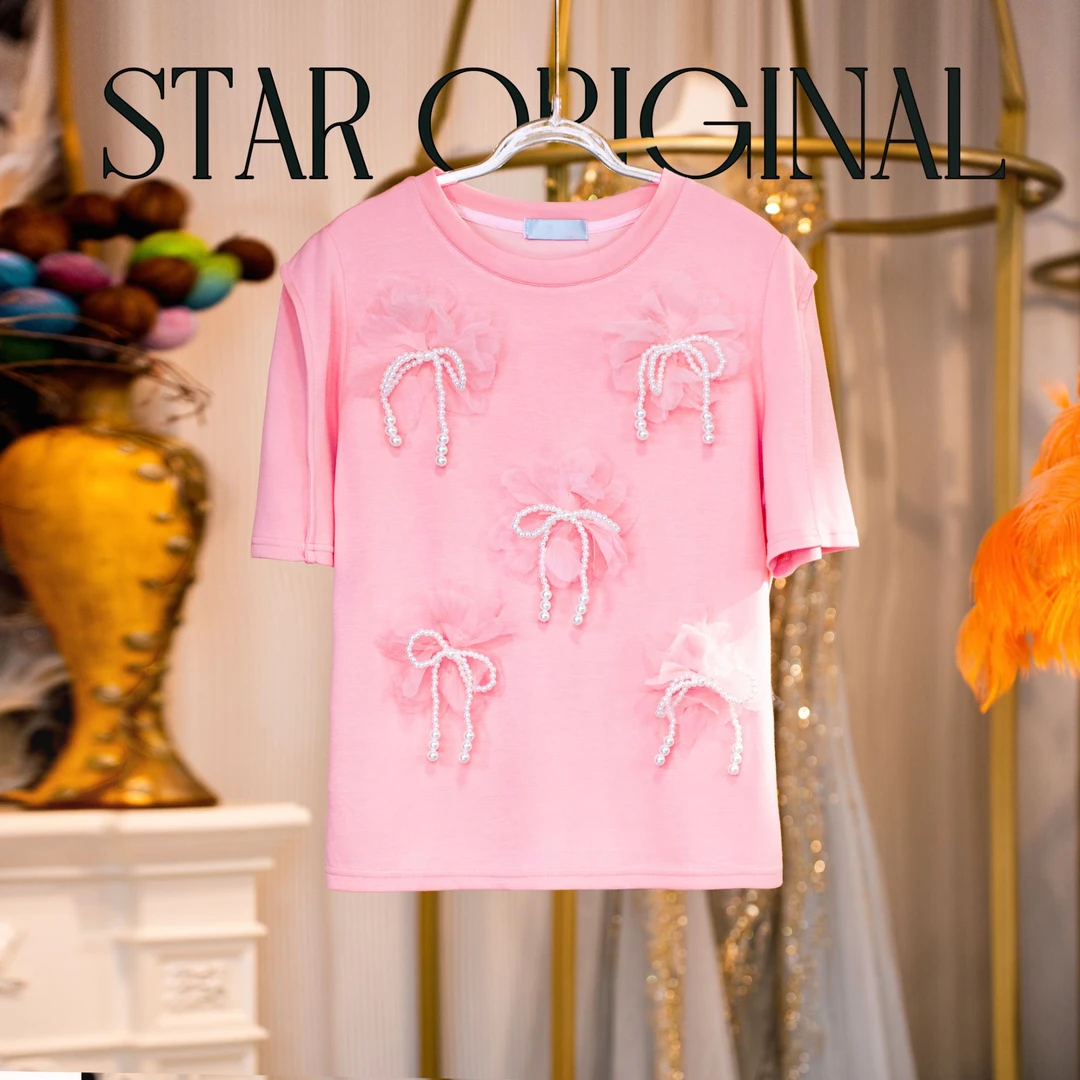 【星姐推荐】星原创高级定制【甜樱珍珠】设计师气质轻奢名媛T恤上衣