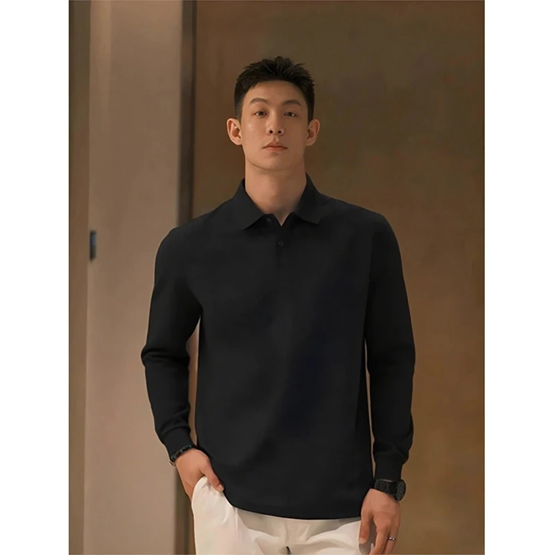 成熟稳重男装纯黑色polo领卫衣男士春秋款重磅长袖T恤内搭打底衫