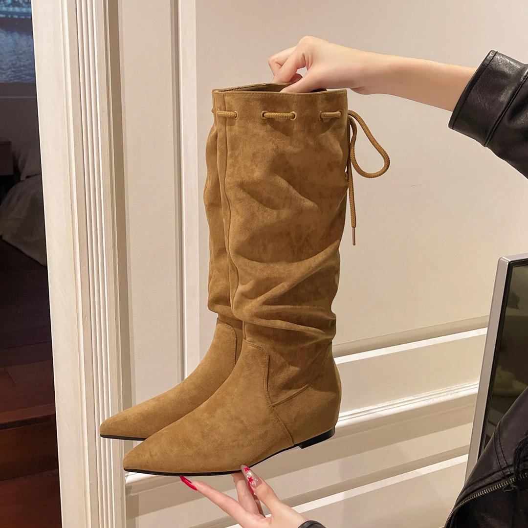 不过膝尖内增高长靴女2025秋冬季堆堆靴系带绒面百搭中筒时装靴