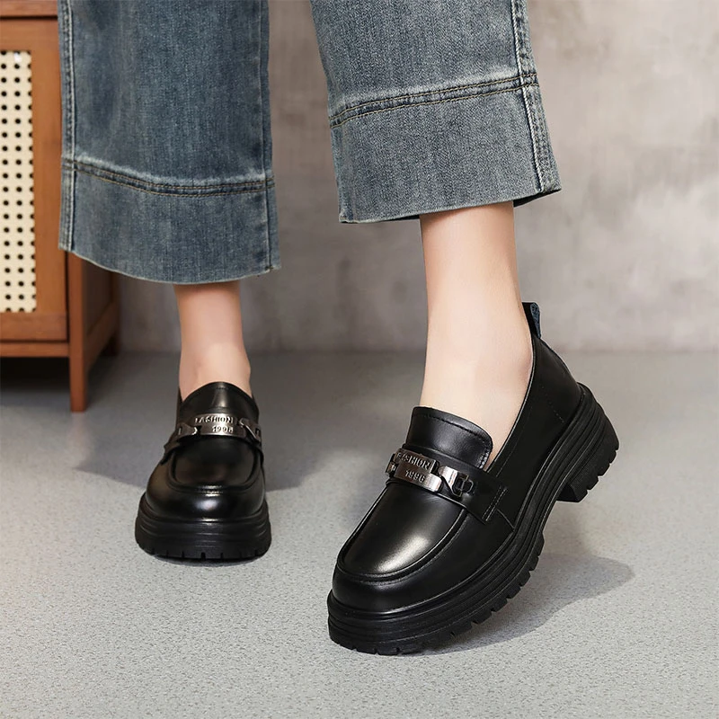 头层牛皮女士软底防滑百搭休闲乐福鞋奢香夫人