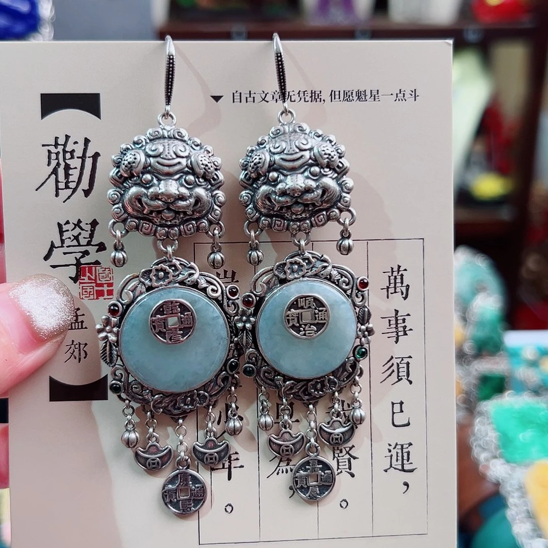 银S925镶嵌翡翠挂件耳环