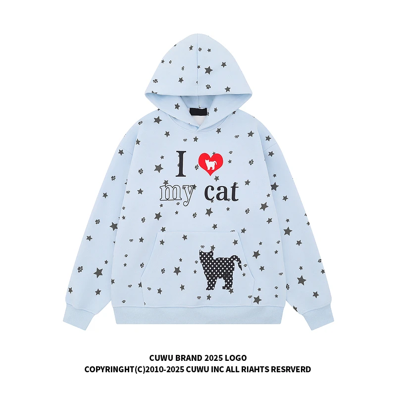 cuwu可爱满印星星印花多巴胺连帽卫衣女男秋季宽松休闲套头帽衫潮