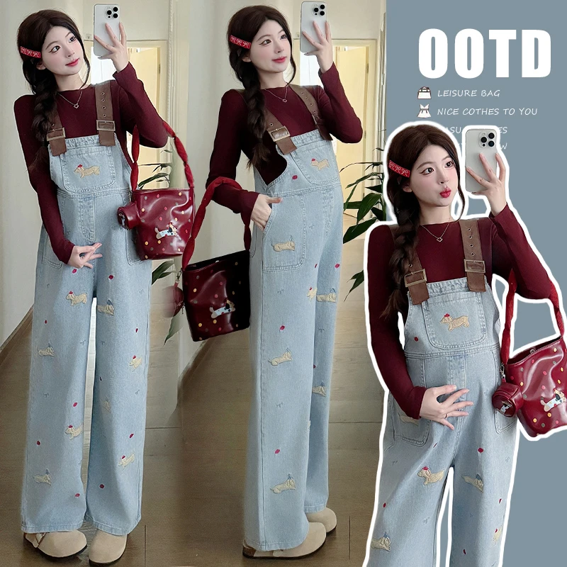 孕妇装春季新款时尚刺绣休闲牛仔背带裤纯色打底T恤上衣减龄套装