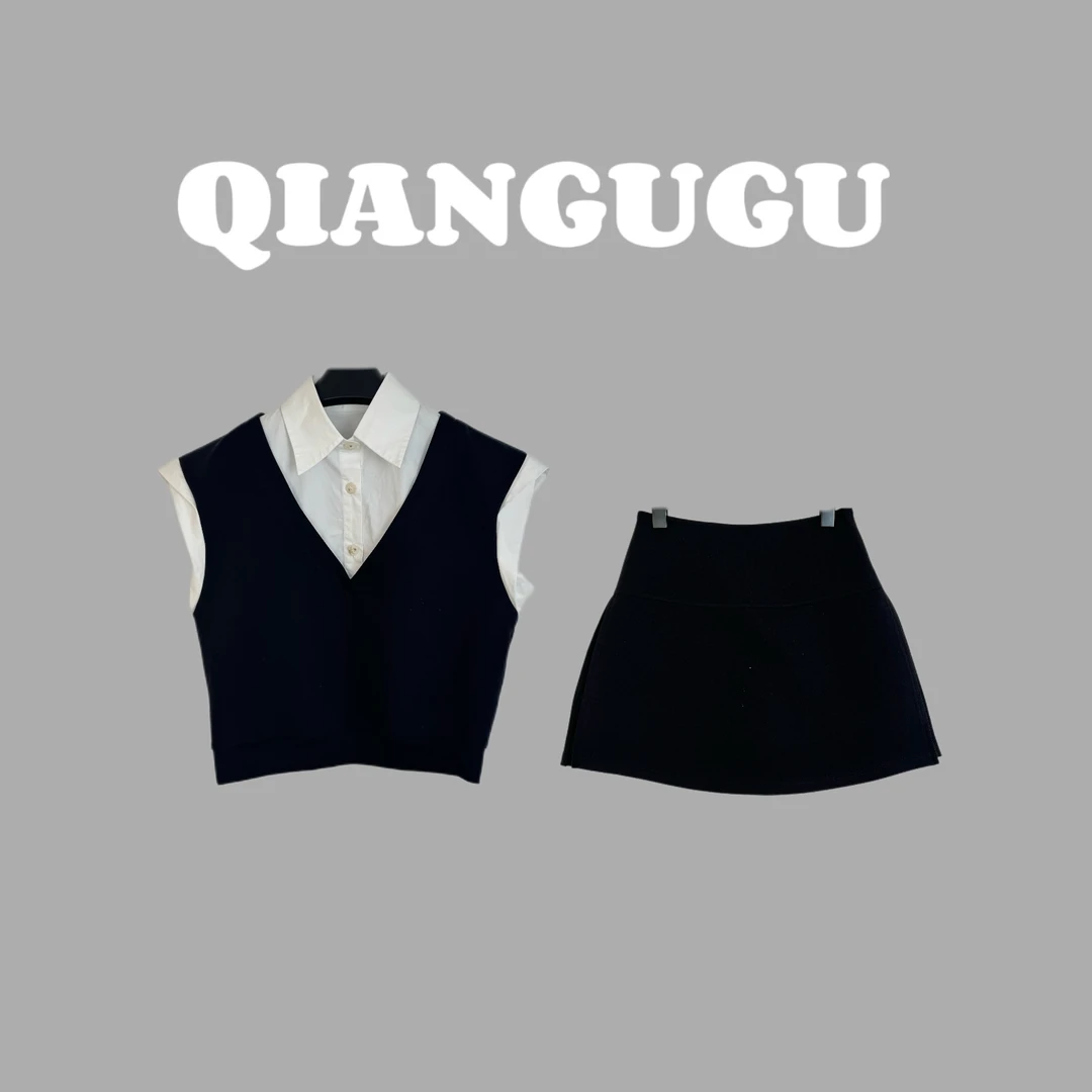 【黑咖礼盒】时尚气质休闲小众百搭假两件简约设计感套装HKLH010