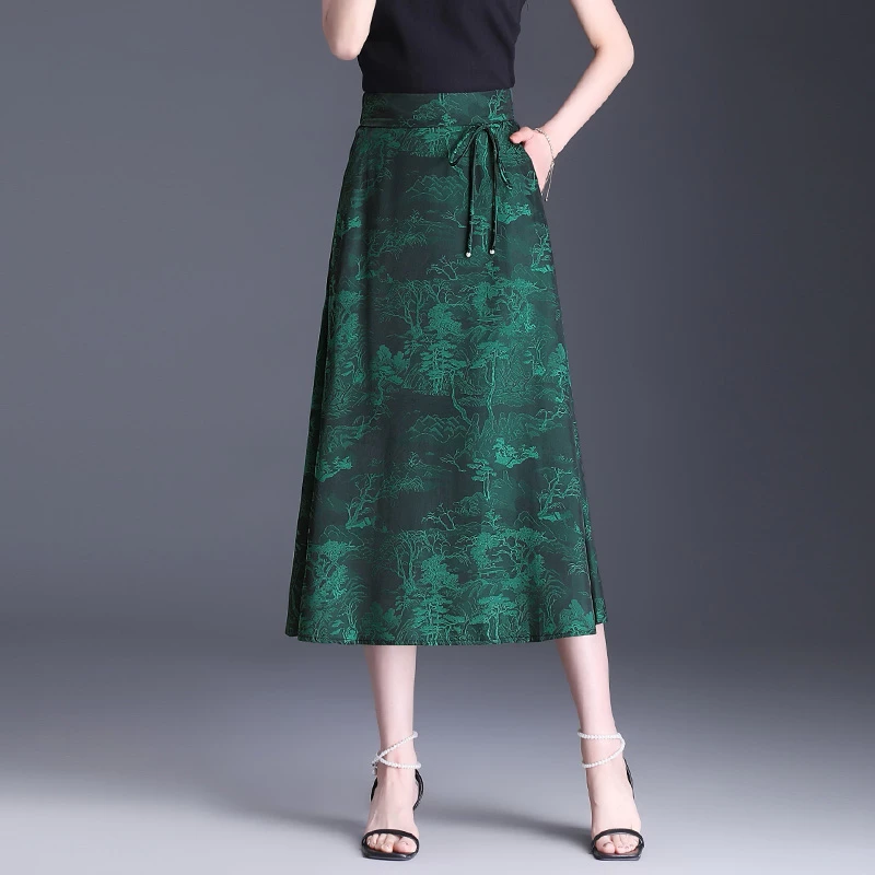气质国风印花a字裙女夏季2025新款高腰垂感显瘦半身裙中长提花裙