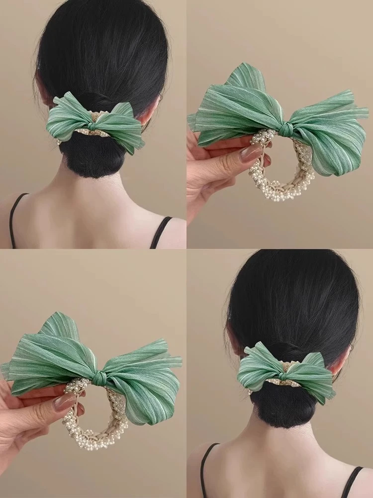 松叶朱青！蝴蝶结珍珠发圈！后脑勺扎马尾橡皮筋高弹力旅行发绳女