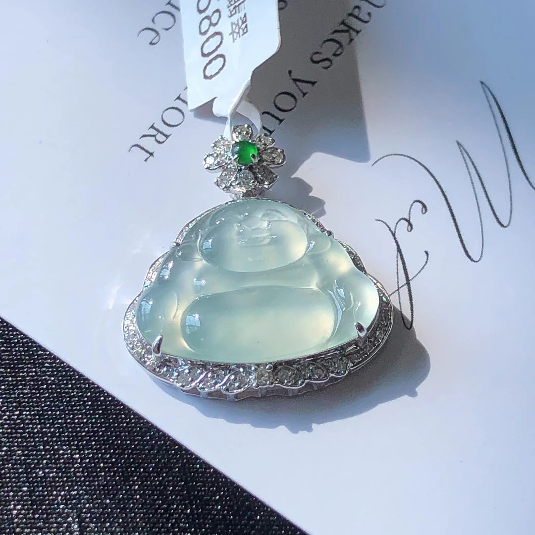 缅甸天然A货翡翠18k金豪华镶嵌老坑高冰种佛公吊坠尺寸25/23/6.6