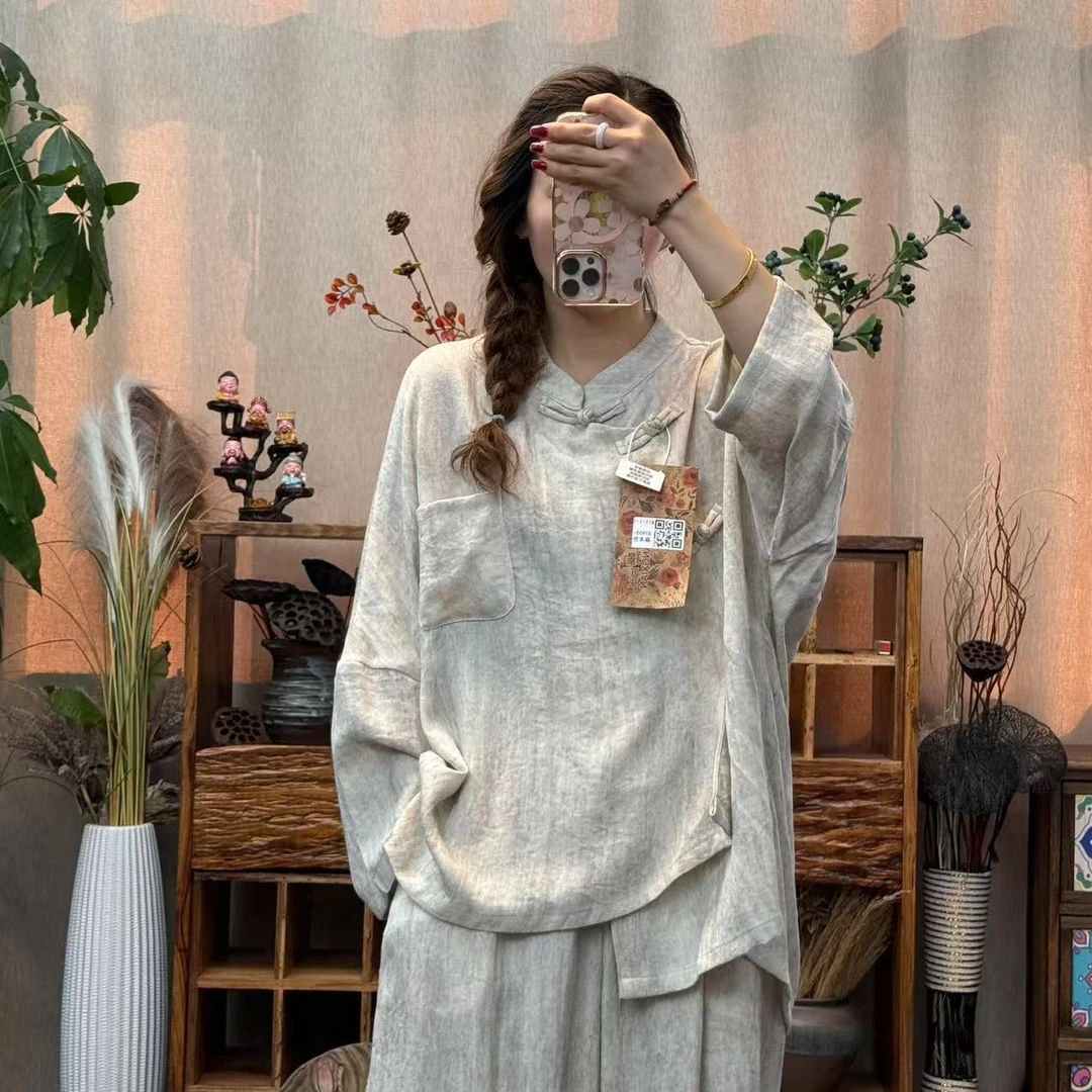花璟与麻原创设计复古手工刷色斜襟盘扣上衣(衣长62-74胸围140)