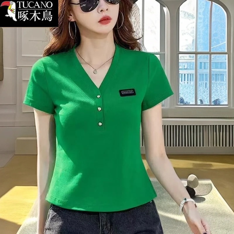 啄木鸟正品夏季休闲气质V领短袖T恤2025年新款修身显瘦纯色上衣女