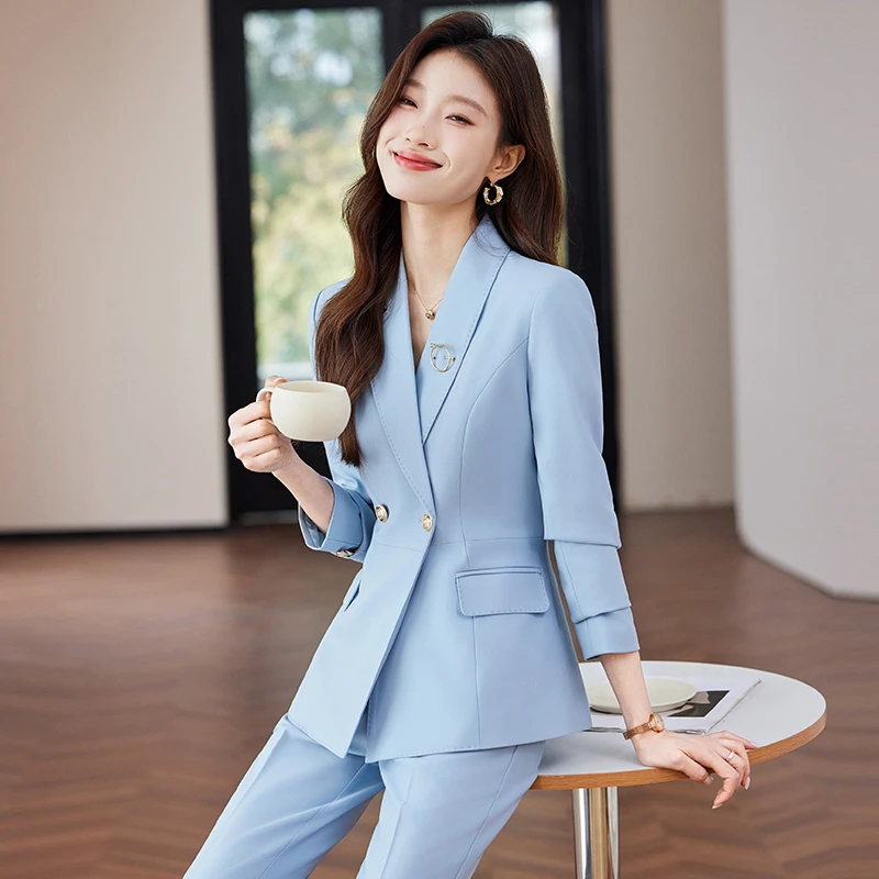 蓝色西装套装女春秋新款主持人高端工作服正装气质女神范修身西服