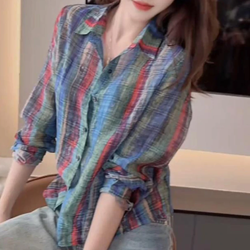 韩系设计感复古条纹衬衫女2025秋季新款宽松显瘦减龄通勤长袖上衣