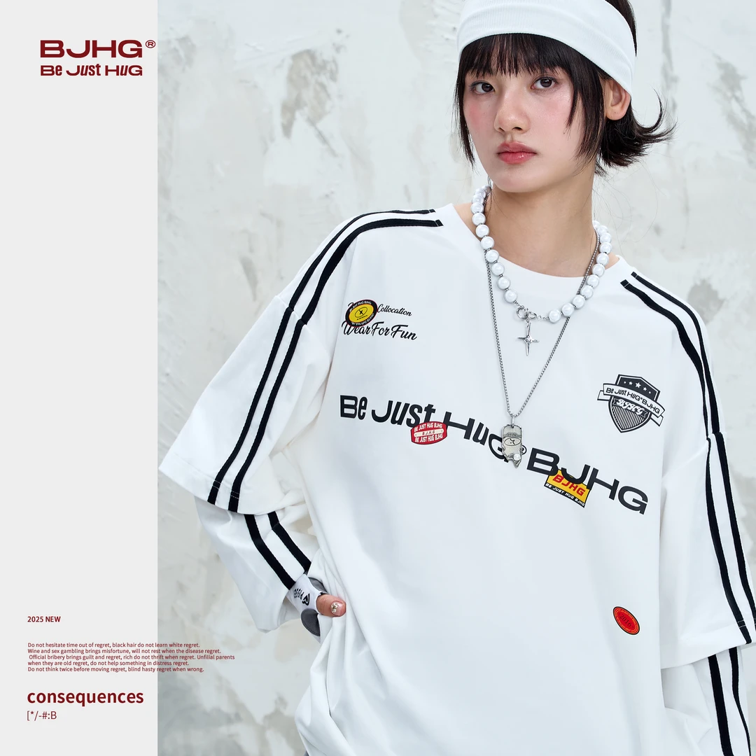 BJHG不计后果假两件长袖T恤男款夏季美式复古运动球衣服速干T恤女