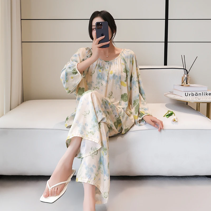 棉绸睡衣女长袖长裤夏薄款绵绸家居服人造棉高级感可外穿大码套装