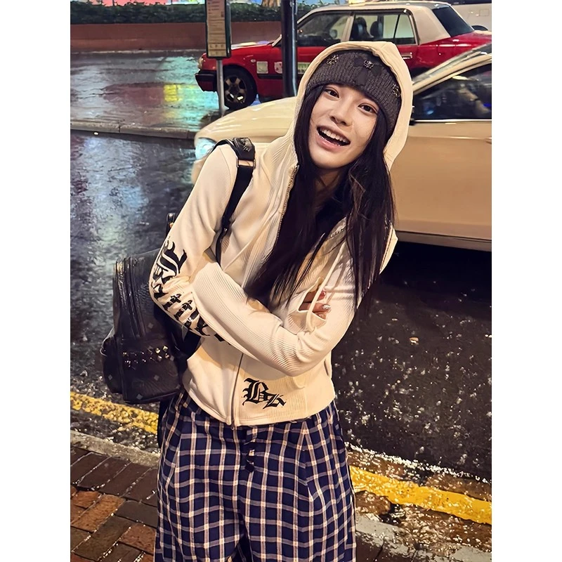 美式复古高街哥特风连帽卫衣女秋季2025新款修身收腰拉链开衫外套