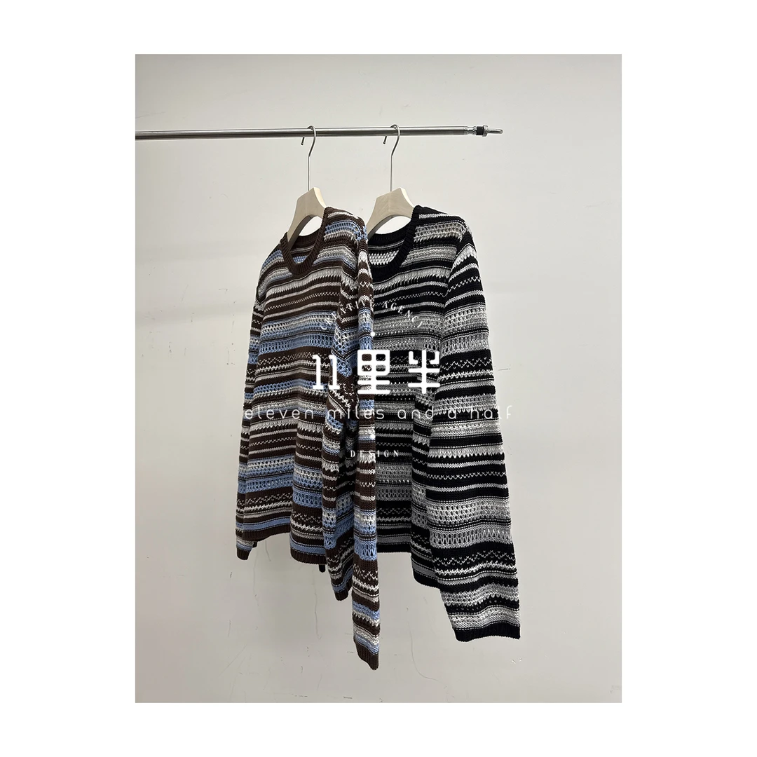 11里半&如懿【春风十里】条纹镂空简约休闲百搭圆领绵羊毛针织衫