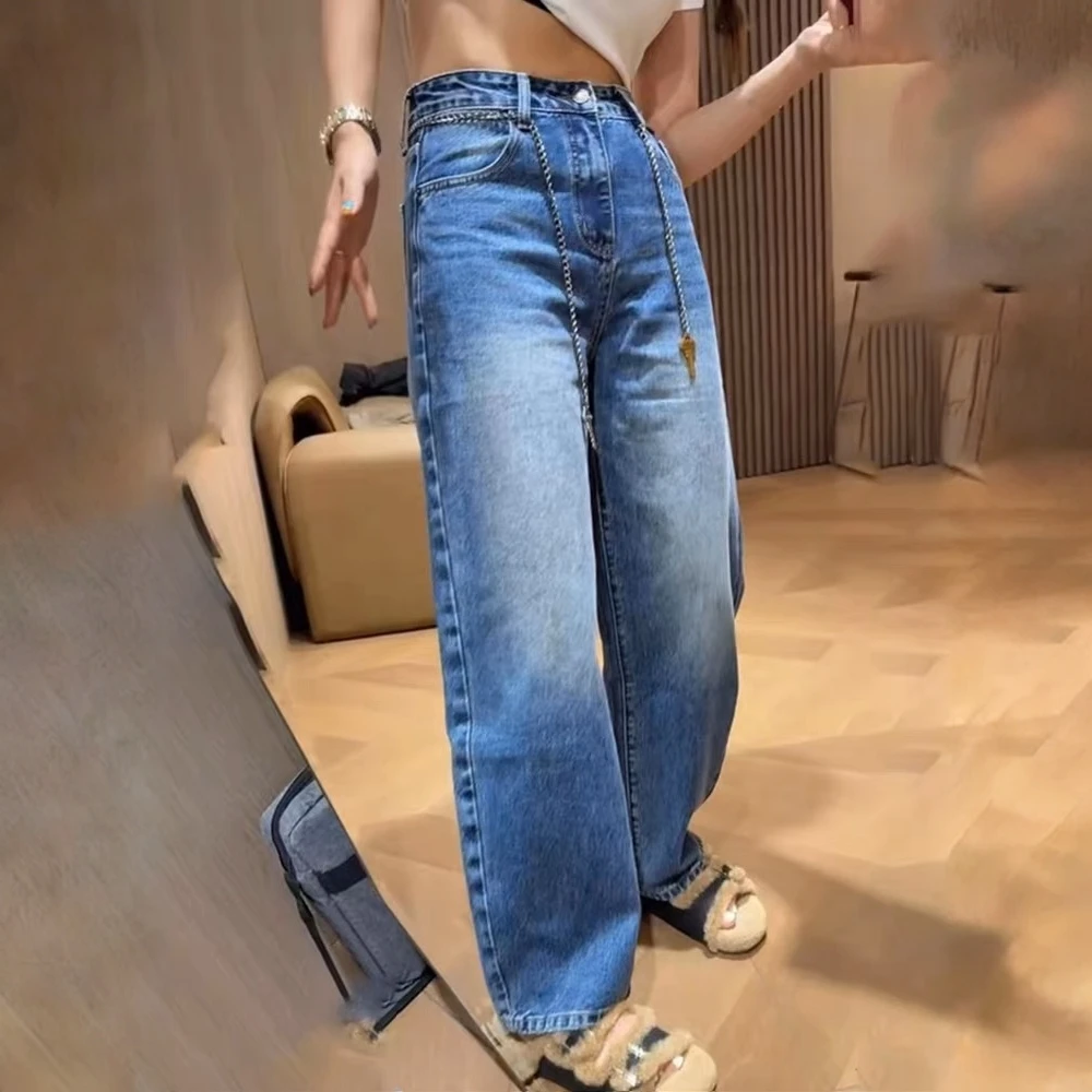 设计感水洗腰链窄版阔腿牛仔裤女秋季新款高腰宽松显瘦百搭直筒裤