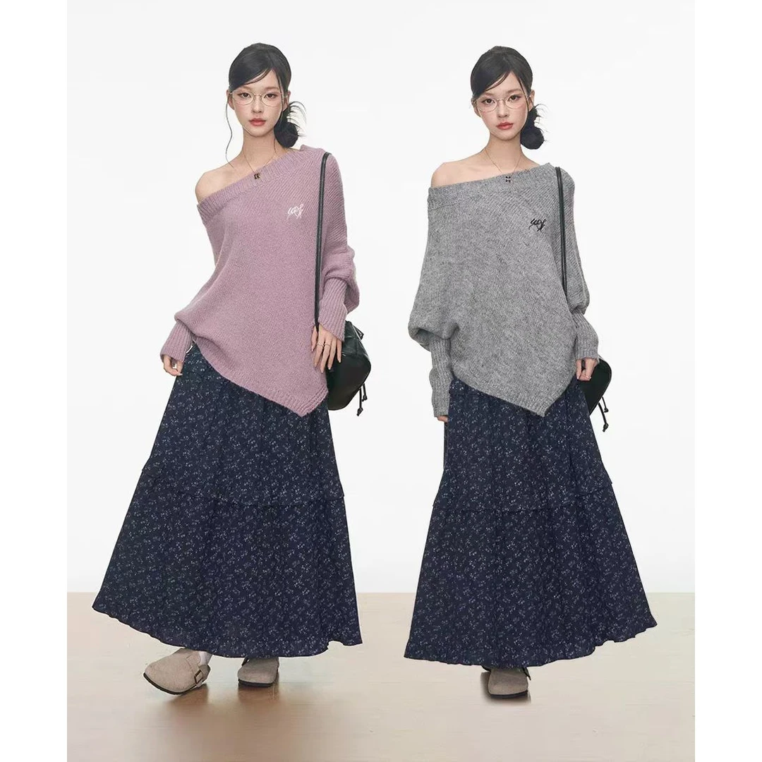 灰色斜肩不规则长袖针织衫女早秋穿搭高级感甜辣妹绝美一字肩上衣