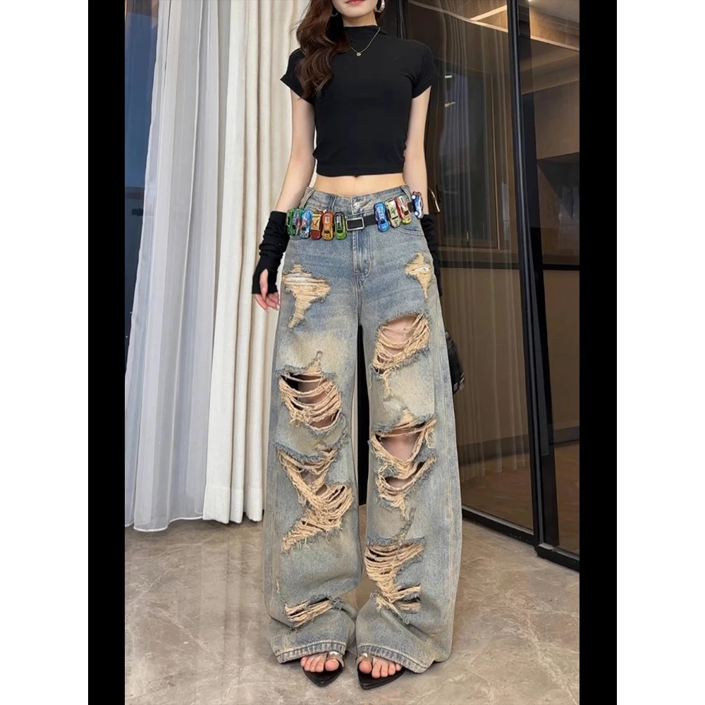 废土风做旧美式破洞牛仔裤2025年夏季新款痞帅复古阔腿长裤