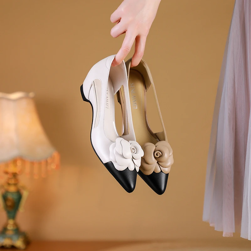 牛皮/34-40/9360法式镂空包头凉鞋尖头花朵浅口真皮坡跟单鞋女