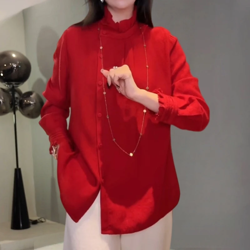 法式轻熟木耳花边立领衬衫女秋季新款松弛感显瘦宽松单排多扣上衣