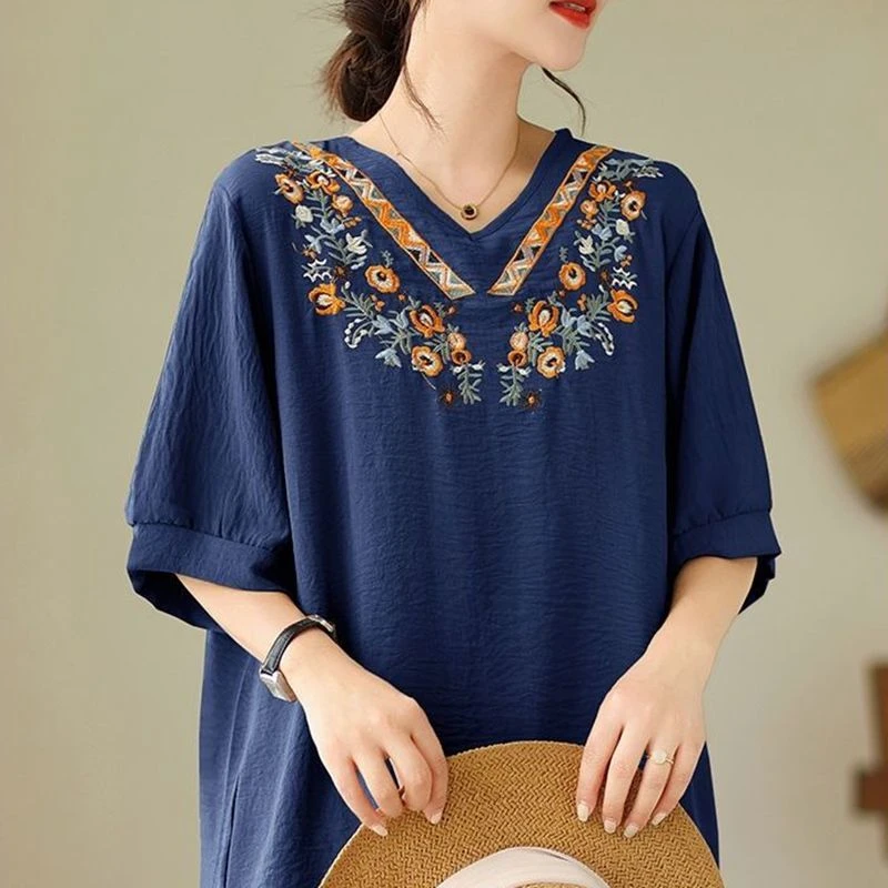 【现货+运费险】棉麻V领短袖t恤女夏季新款宽松文艺绣花上衣XU339