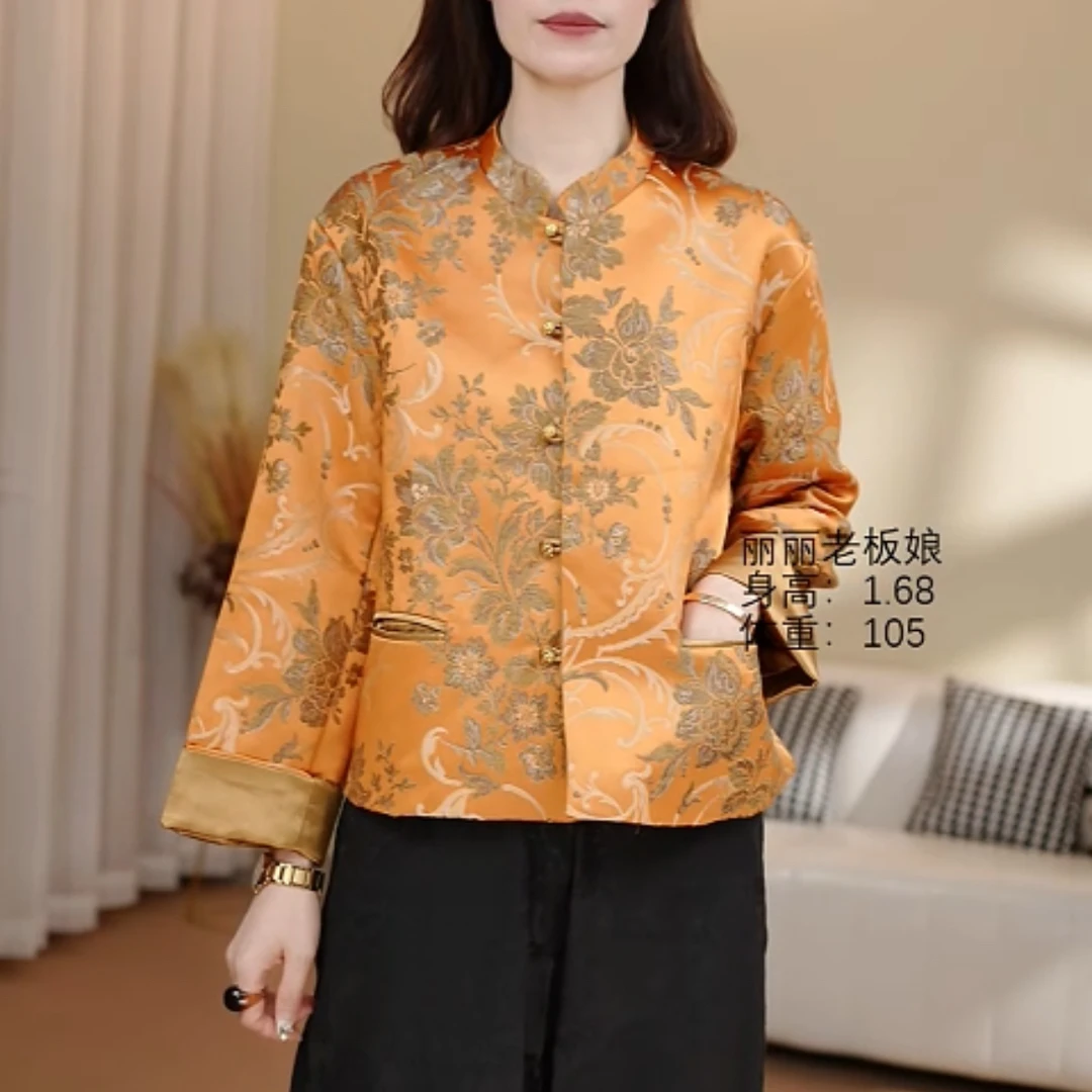 324#2025新款上衣短袖中国风复古立领花纹提花薄款唐装中长款气质